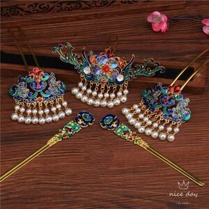 Elegant Oriental Hair Accessory Set – 5 PCS Gold Tone Crown Tiara Pearl New